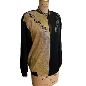 Vtg Barrie Morgan Gold Lame and Black embroidered full zip cardigan size Large